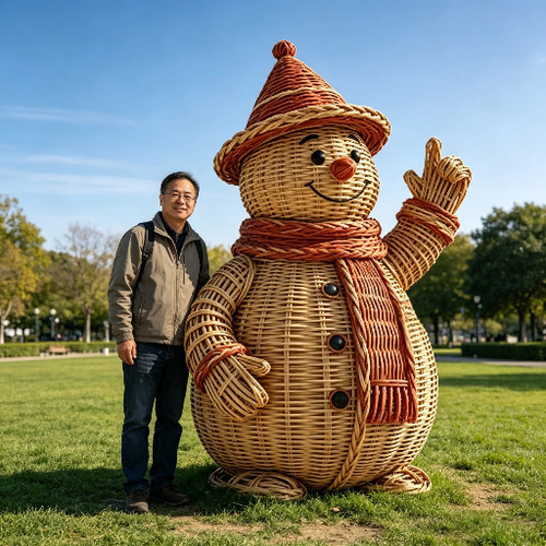 定制景区农庄大型圣诞雪人藤编雕塑户外园林卡通竹编装置景观摆件