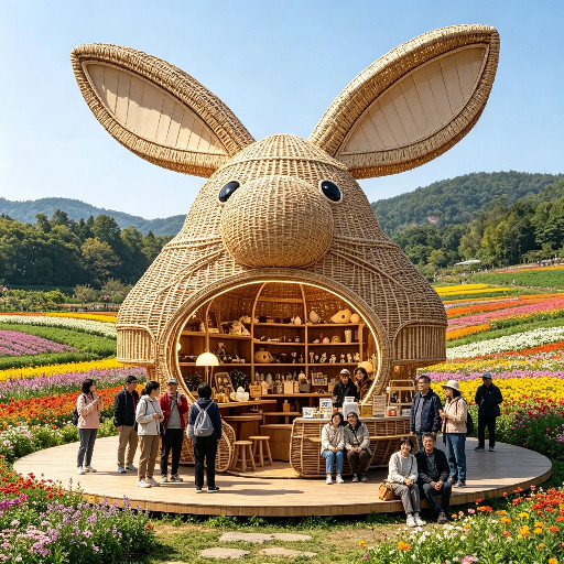 定制户外藤编兔子小屋雕塑美陈田园花海网红打卡竹编艺术景观装置图片