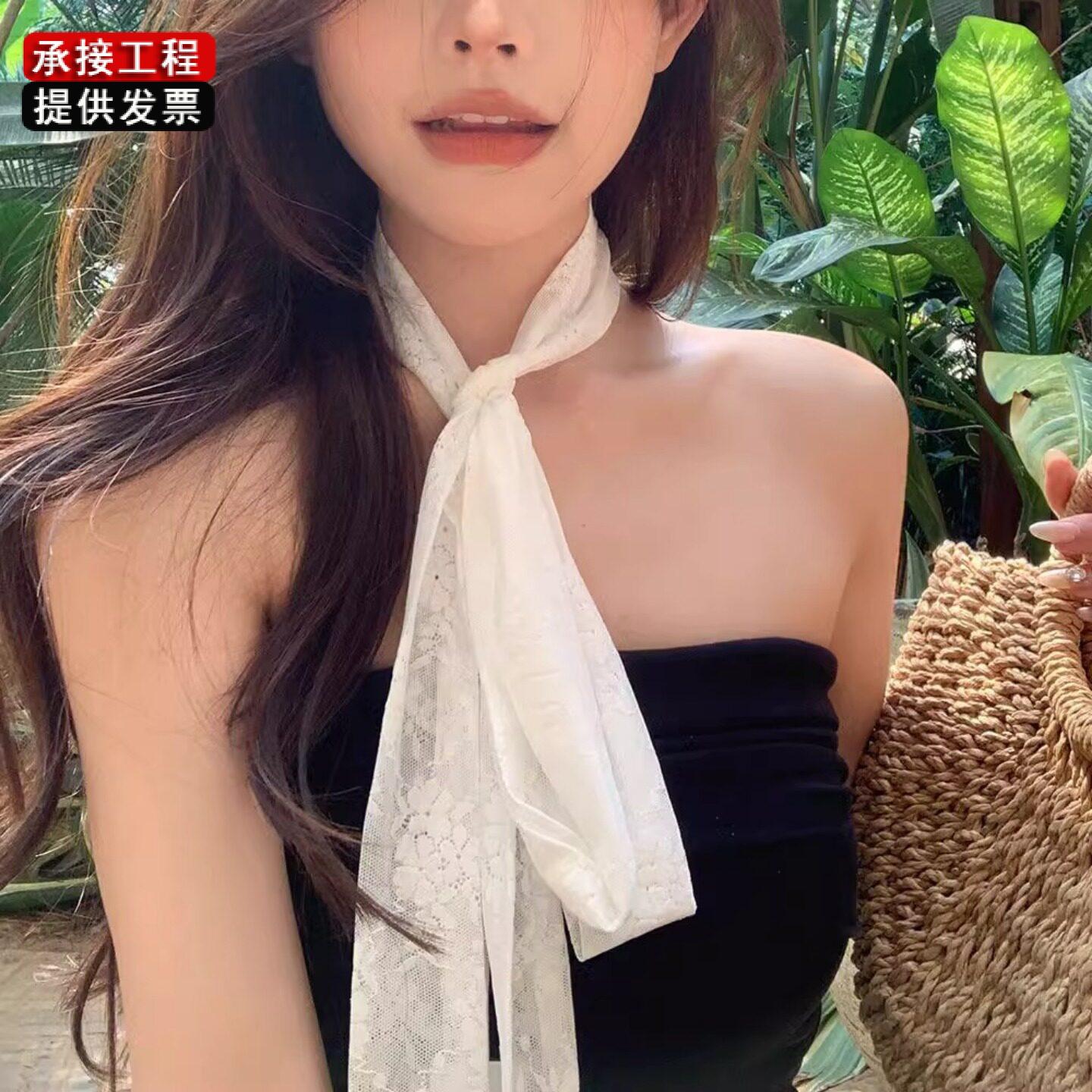 新款双层弹性蕾丝超长丝巾颈带