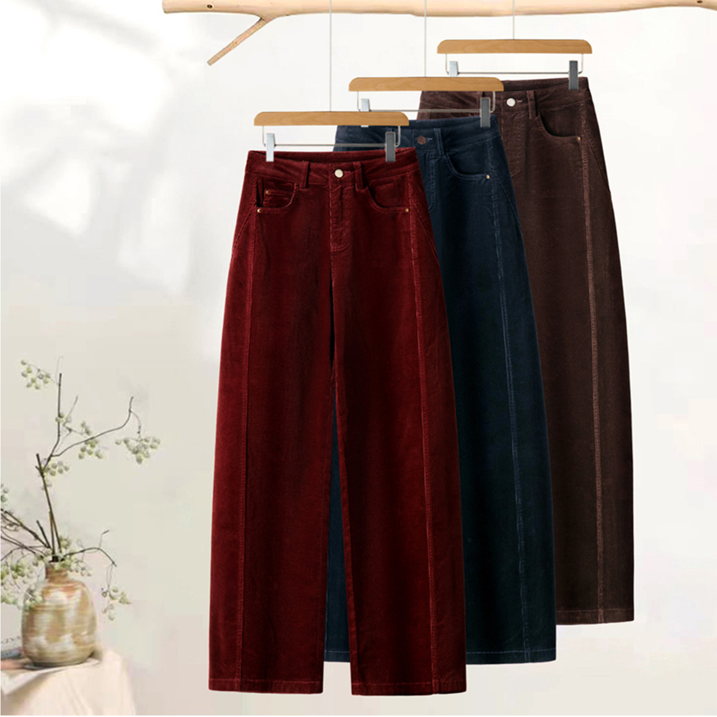 枣红色灯芯绒阔腿裤女直筒休闲裤