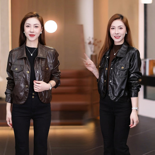翻领机车皮夹克小个子通勤皮衣女