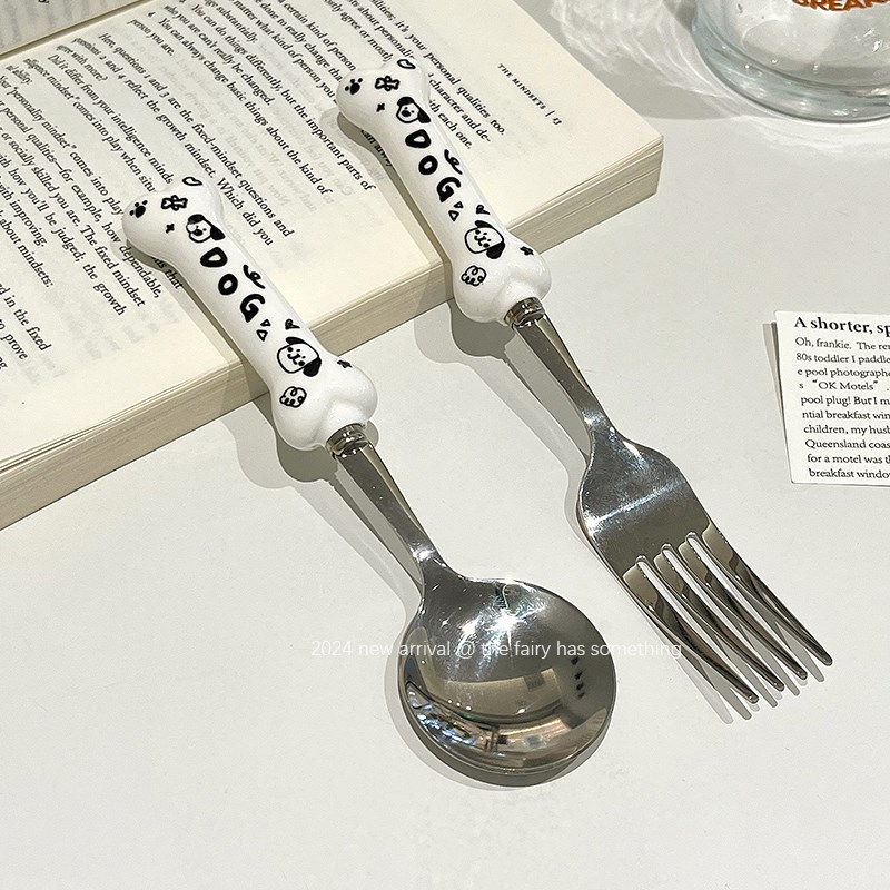 速发高颜值叉子勺子不锈钢餐具家用吃饭甜品水果叉勺可爱精致两件