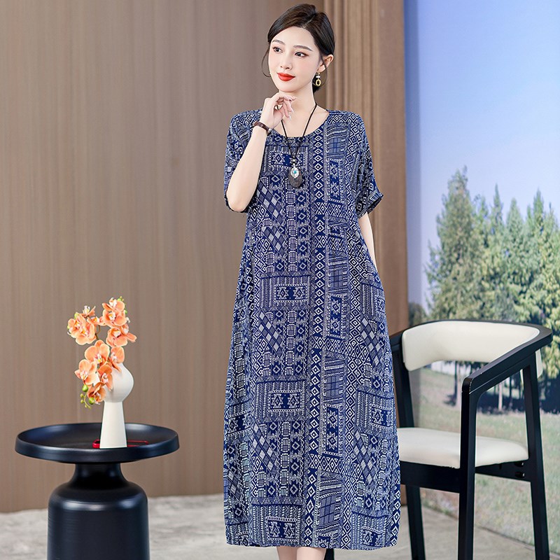 速发中老年装碎花棉绸连衣裙妈妈夏装睡衣外穿40岁50过膝人造棉长