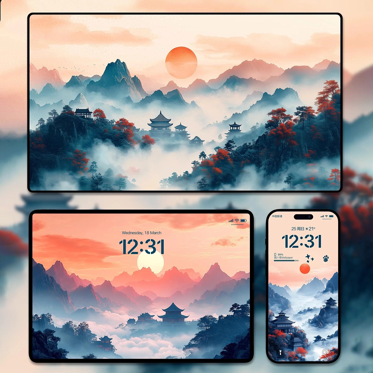 国风山水画4K高清壁纸iPhone手机苹果平板电脑ipad插画壁纸素材图