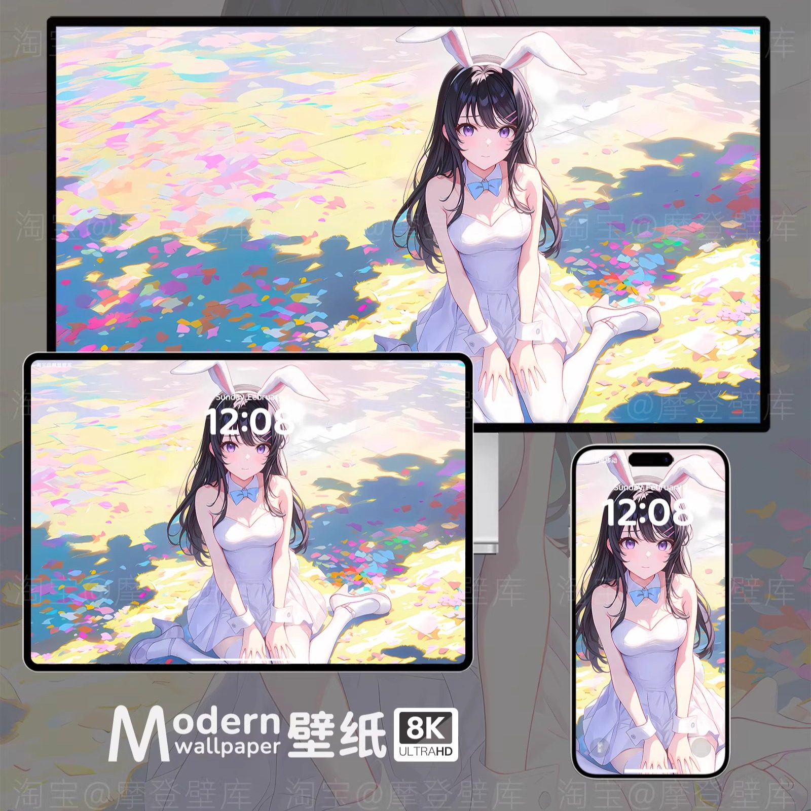 兔耳樱岛麻衣8K高清壁纸手机ipad平板电脑动漫少女插画二次元壁纸,商务/设计服务,卡通/动漫/插画设计,淘宝优惠券,粉丝福利购,淘宝优惠卷