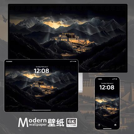 黑金布达拉宫4K超高清壁纸iPhone苹果手机ipad平板电脑插画壁纸图