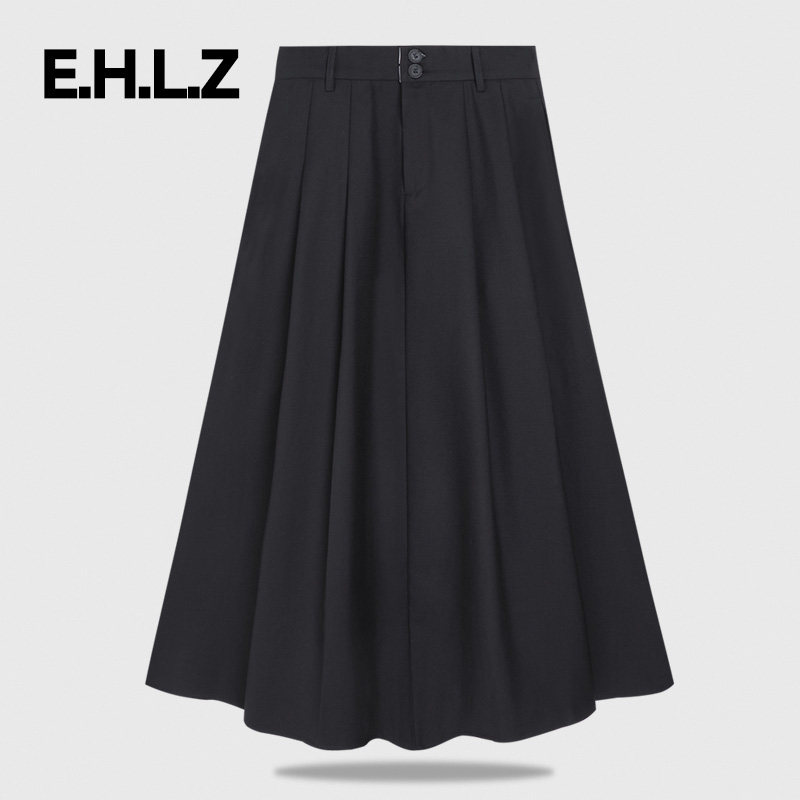EHLZ黑色半身裙女2023早春新款显瘦百褶裙气质设计感a字西装长裙