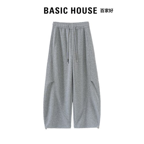 Basic House百家好2026秋休闲运动卫裤女松紧高腰抽绳两穿弯刀裤