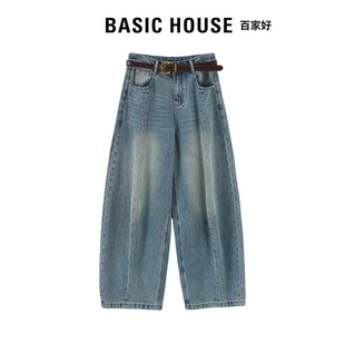 女春宽松梨形显瘦松弛感牛仔裤 Basic House百家好高腰纯棉弯刀裤