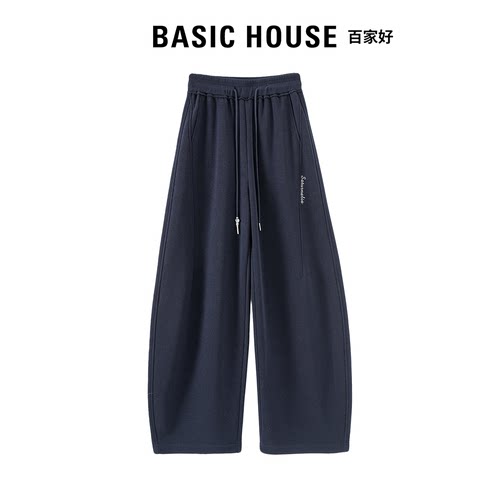 Basic House百家好运动风休闲卫裤女2026秋季宽松显瘦百搭弯刀裤