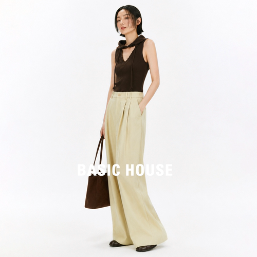 Basic House百家好2026新款弯刀休闲裤女高腰宽松显瘦百搭阔腿裤