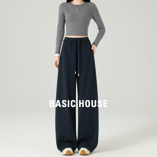 Basic House百家好弯刀裤女2026秋季松紧腰休闲裤垂感显瘦香蕉裤