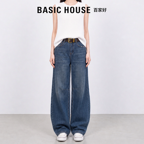Basic House百家好2026新款复古百搭弯刀牛仔裤女高腰显瘦镰刀裤