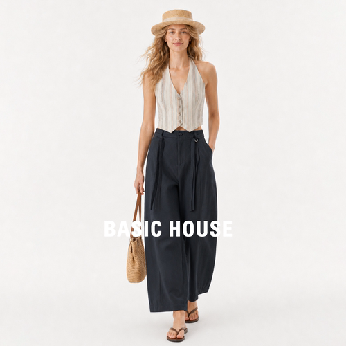 Basic House百家好2026新款高腰弯刀裤女百搭显瘦休闲宽松九分裤