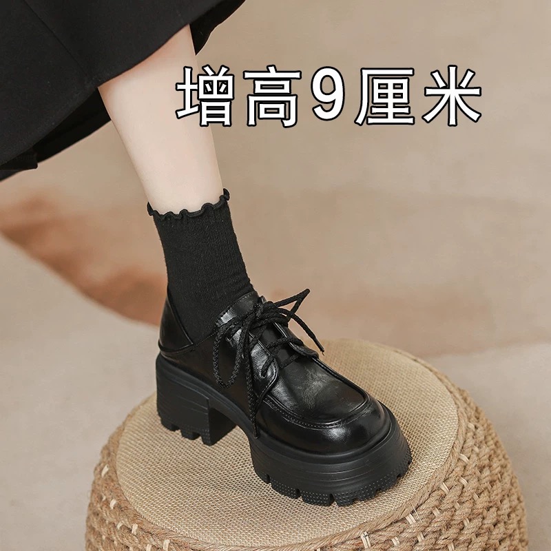 日本真皮内增高厚底黑色小皮鞋女英伦系带高跟复古小个子春秋单鞋