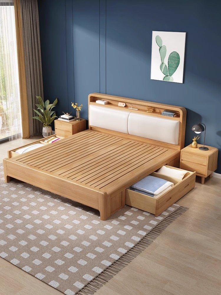 源氏木语北欧全实木床1.8米双人床1.5米现代简约软包床高箱储物床