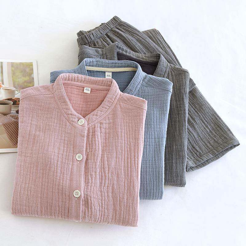 春季新款情侣睡衣加厚纯棉四层纱女士格子男士长袖家居服套装宽松