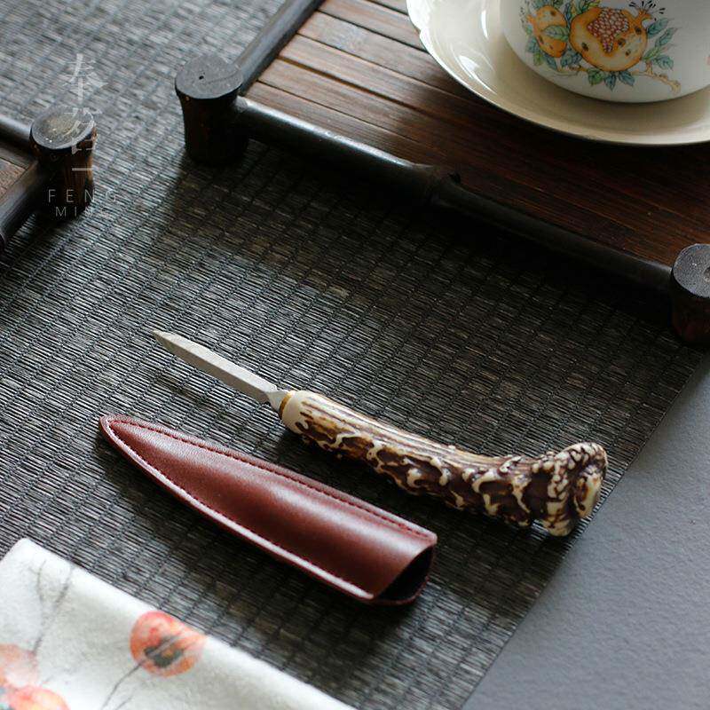 仿鹿角花纹钢茶刀 大马革普洱茶 刀茶具配士件8004-GYY茶茶针锥开
