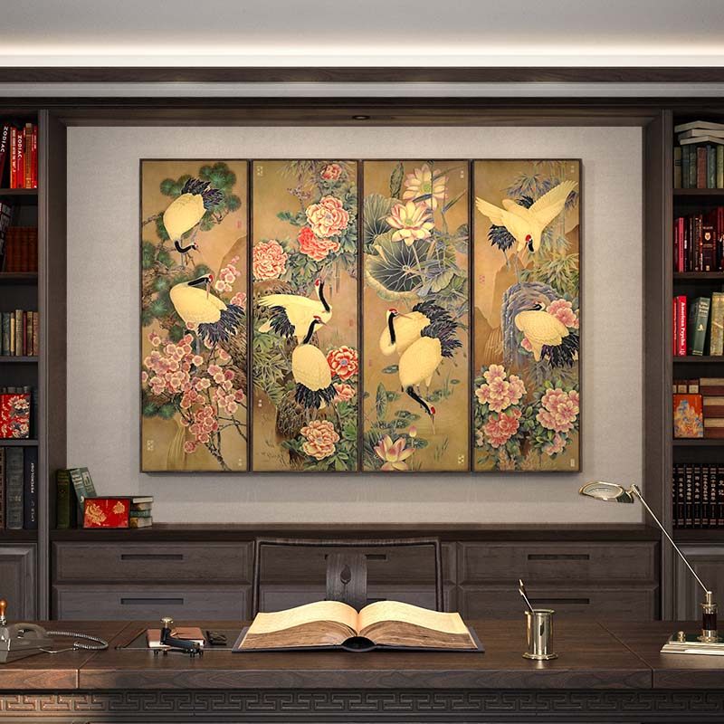 福禄寿禧四条屏装饰画书房挂画中式客厅国画山水画玄关聚宝盆铜画