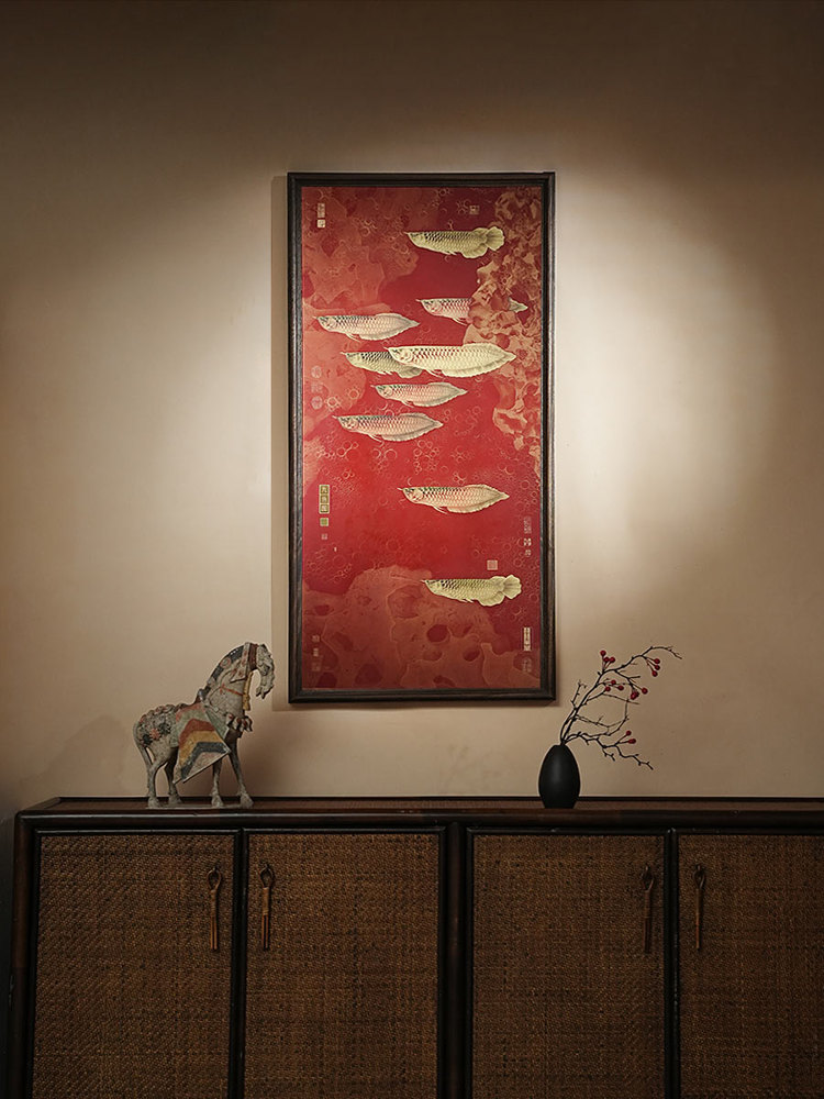 九鱼图玄关装饰画金龙鱼铜画客厅挂画大气轻奢新中式风水招财壁画