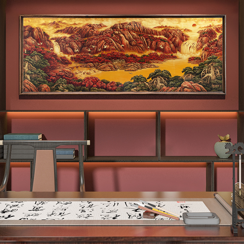 山水画鸿运当头中式客厅装饰画聚宝盆风景办公室背景墙靠山铜挂画