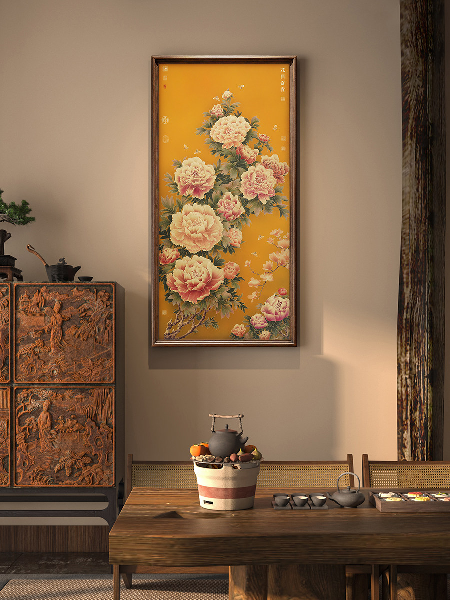 花开富贵新中式玄关装饰画牡丹挂画客厅背景墙装饰画高级高雅花卉
