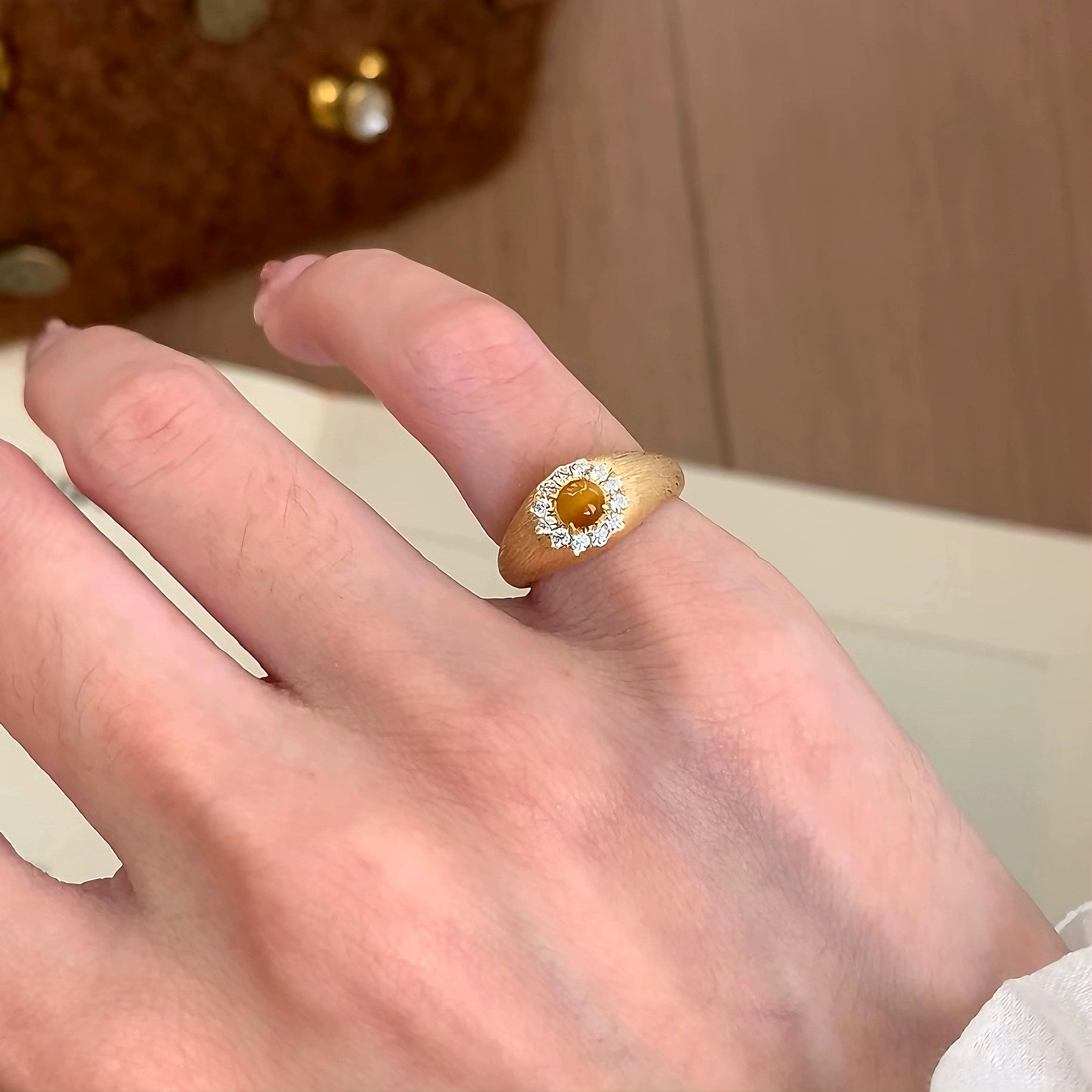 天然虎眼石拉丝排钻戒指布契中古纯银厚镀18k金叠戴指环轻奢高级