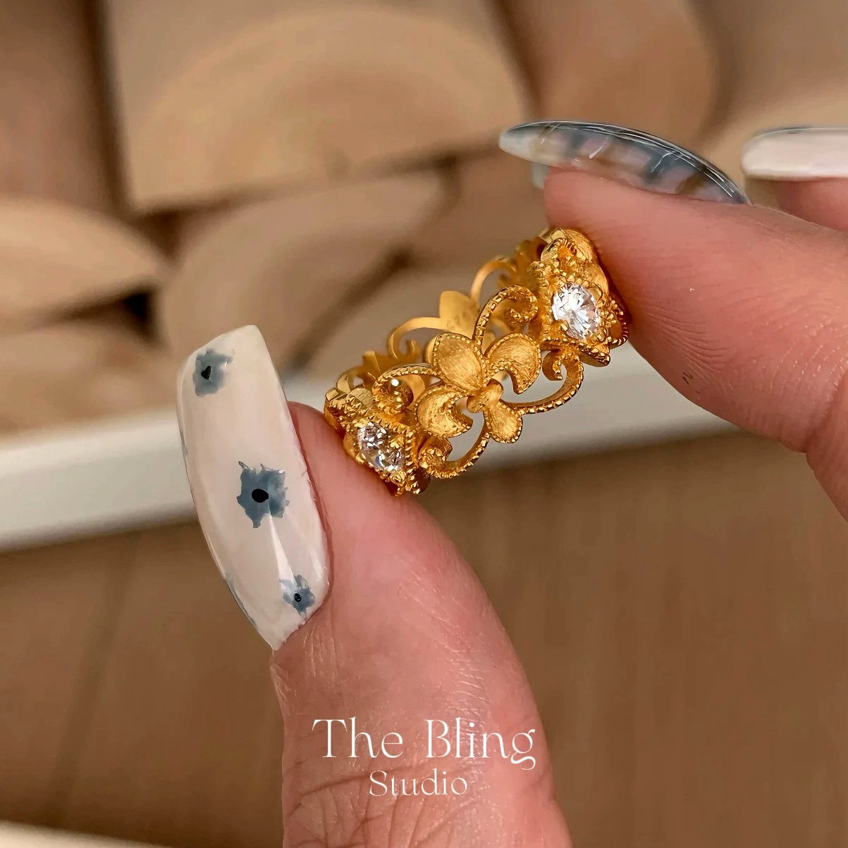 纯银S925厚镀18K金拉丝鸢尾花戒指女中古轻奢意大利工艺复古指环