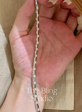 925银通体镀白金重工棋盘格间钻手链女高级感时尚百搭手饰品