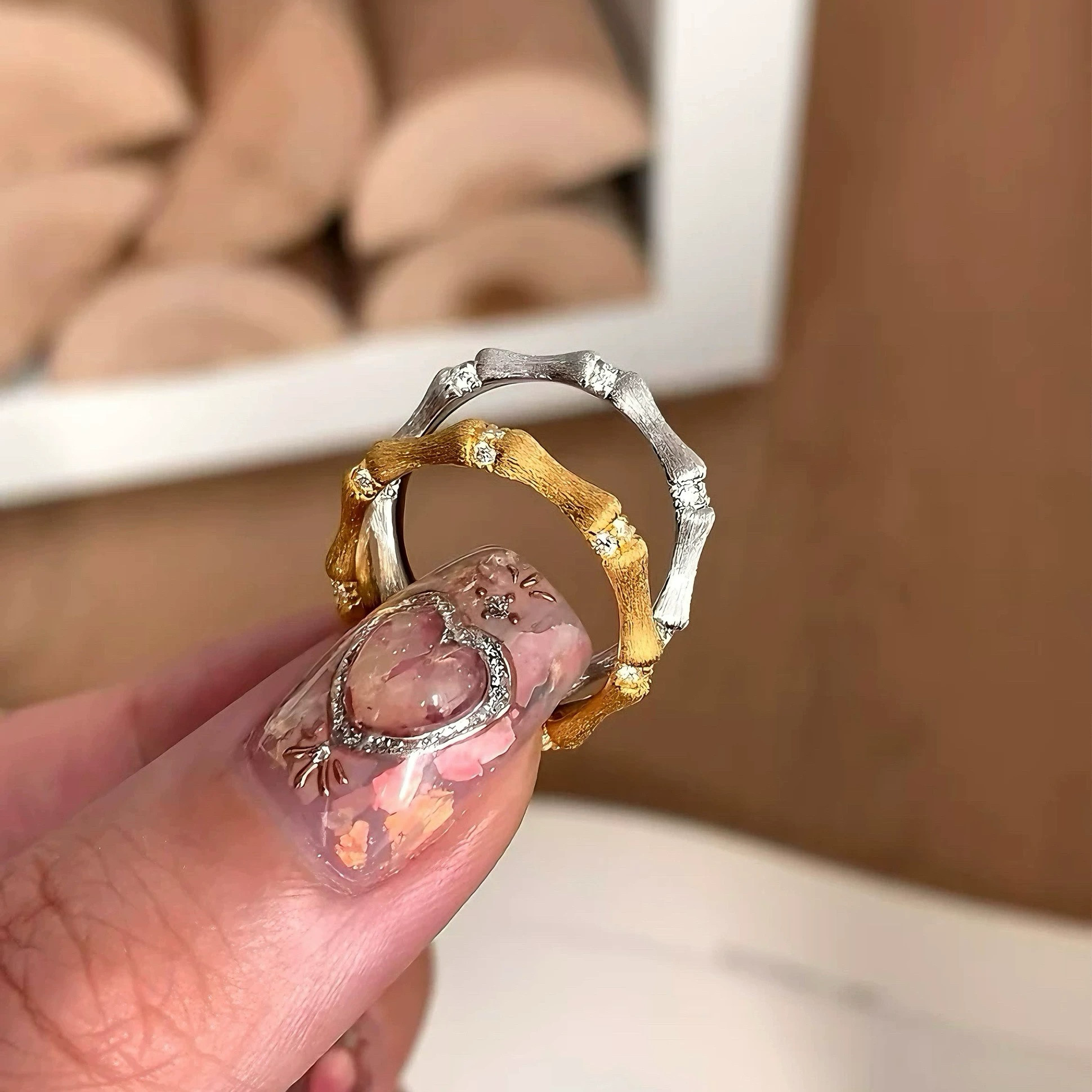竹节拉丝S925纯银厚镀18K金戒指女复古拉丝叠戴指环中式高级对戒