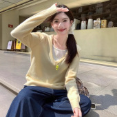 上衣 慵懒软糯宽松v领针织毛衣女韩系绝美休闲假两件长袖 秋装 新款