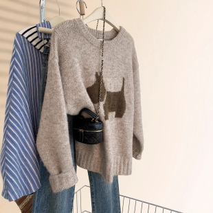 早秋浣熊绒套头毛衣女秋加厚外穿软糯宽松慵懒风羊毛针织衫上衣