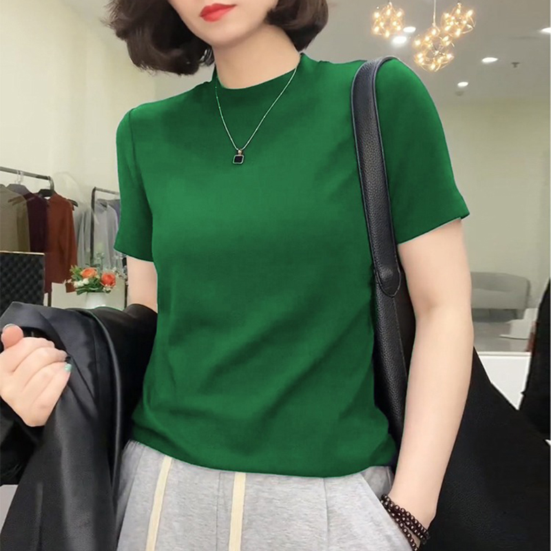 冰丝短袖女T恤薄款修身半高领上衣洋气2025春夏季新款气质针织衫