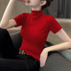 T恤女针织半高领打底衫 内搭春夏季 洋气韩系修身 红色短袖 半袖 上衣