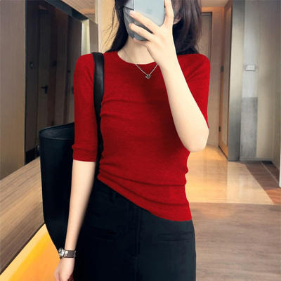 打底衫女春夏修身红色圆领针织衫