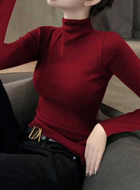 2025新款秋冬半高领黑色针织修身打底衫长袖高级感T恤内搭上衣女