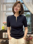 针织衫 女2025新款 夏季 气质冰丝短袖 时尚 洋气设计感半拉链针织上衣