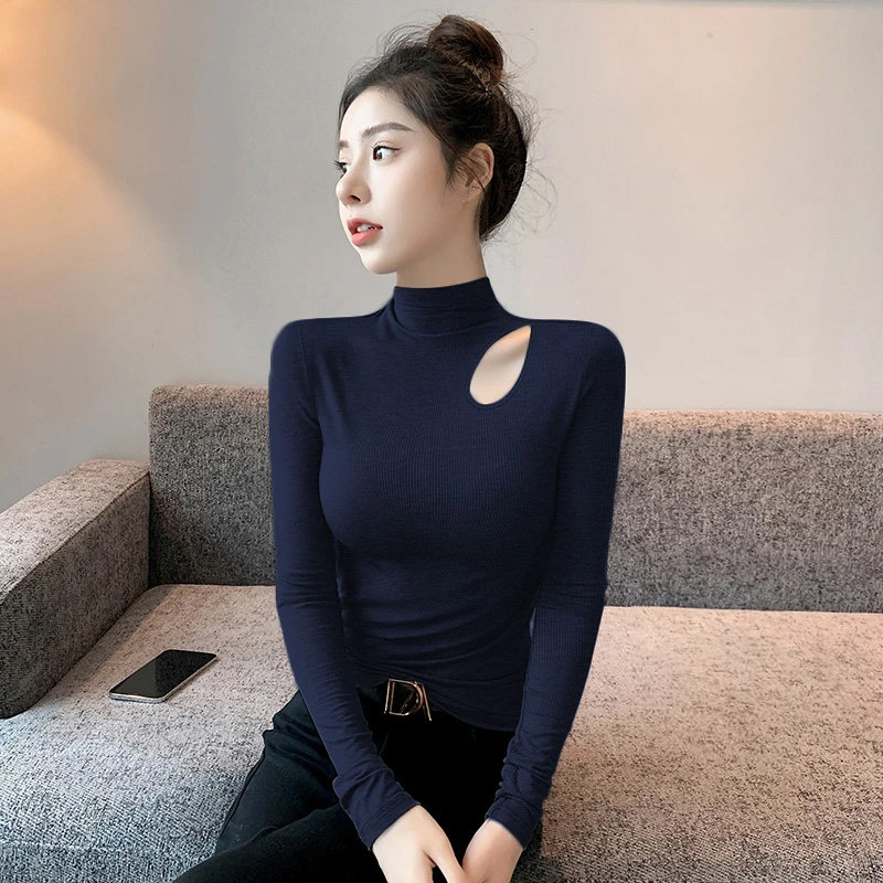 半高领打底衫女镂空长袖秋季内搭针织高级感蓝色毛衣修身百搭上衣