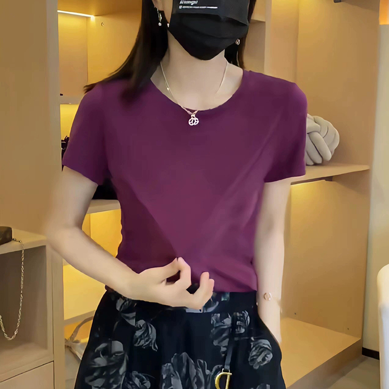 2025轻熟风夏季冰丝针织T恤女修身显瘦圆领气质短袖薄款配裙上衣