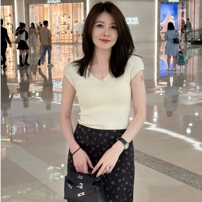 2025新款气质优雅修身短袖百搭显瘦上衣夏季薄款冰丝针织V领T恤女