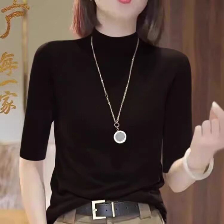 打底衫女修身内搭薄款高级感软糯红色上衣洋气半高领五分袖针织衫