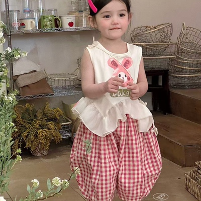 7seven童装女童宝宝儿童夏装荷叶边小兔子娃娃衫格子灯笼裤防蚊裤