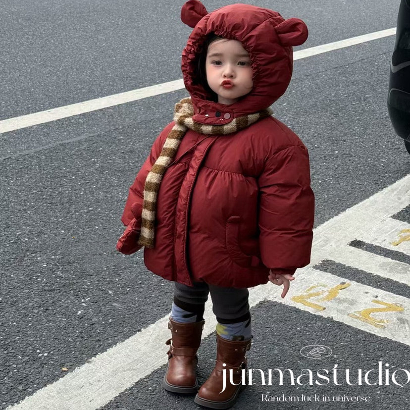 AH童装女童宝宝儿童冬装小熊耳朵连帽挎包羽绒服白鸭绒保暖外套