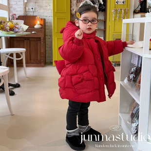 AH童装女童宝宝儿童冬装韩系猫耳蝴蝶结羽绒服中长款白鸭绒外套