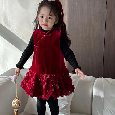 Susie苏西童装女童冬装S3女宝加绒玫瑰花国风旗袍连衣裙背心裙子