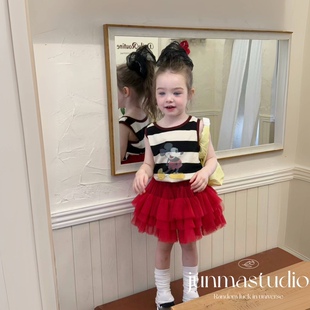 清仓!TF童装女童宝宝儿童夏装新款卡通条纹T恤背心上衣纱裙短裙