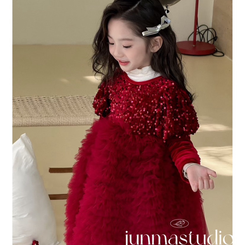 童装女童红色亮片生日礼服裙