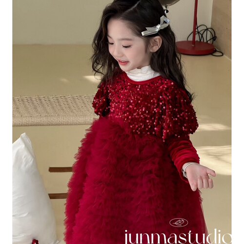 童装女童红色亮片生日礼服裙