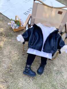 俊妈轻奢男童女童冬装W5复古港风加厚羊羔绒连帽皮衣PU夹克外套