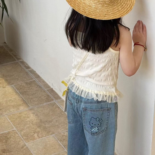 小屁股童装女童宝宝儿童夏装新款韩系卡通原色直筒牛仔裤7分裤